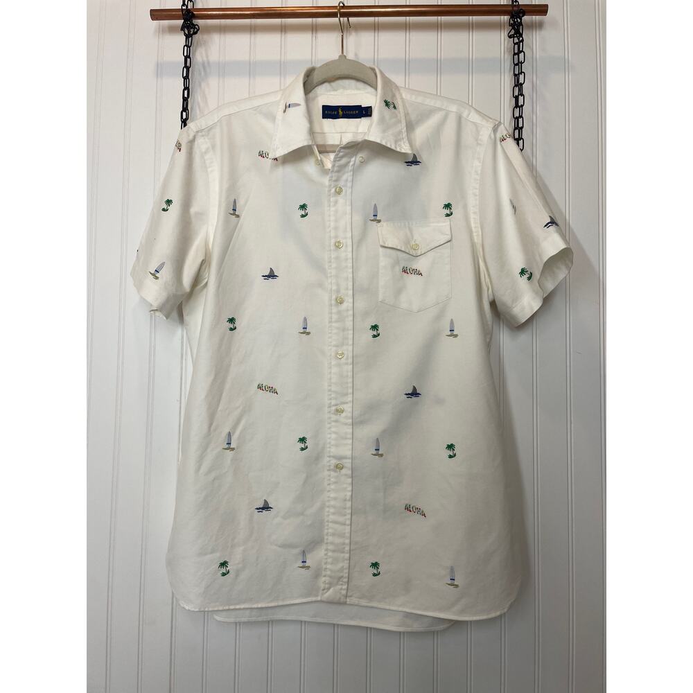 Ralph Lauren White Classic Fit Oxford Dress Shirt Aloha Shark Boat Size L